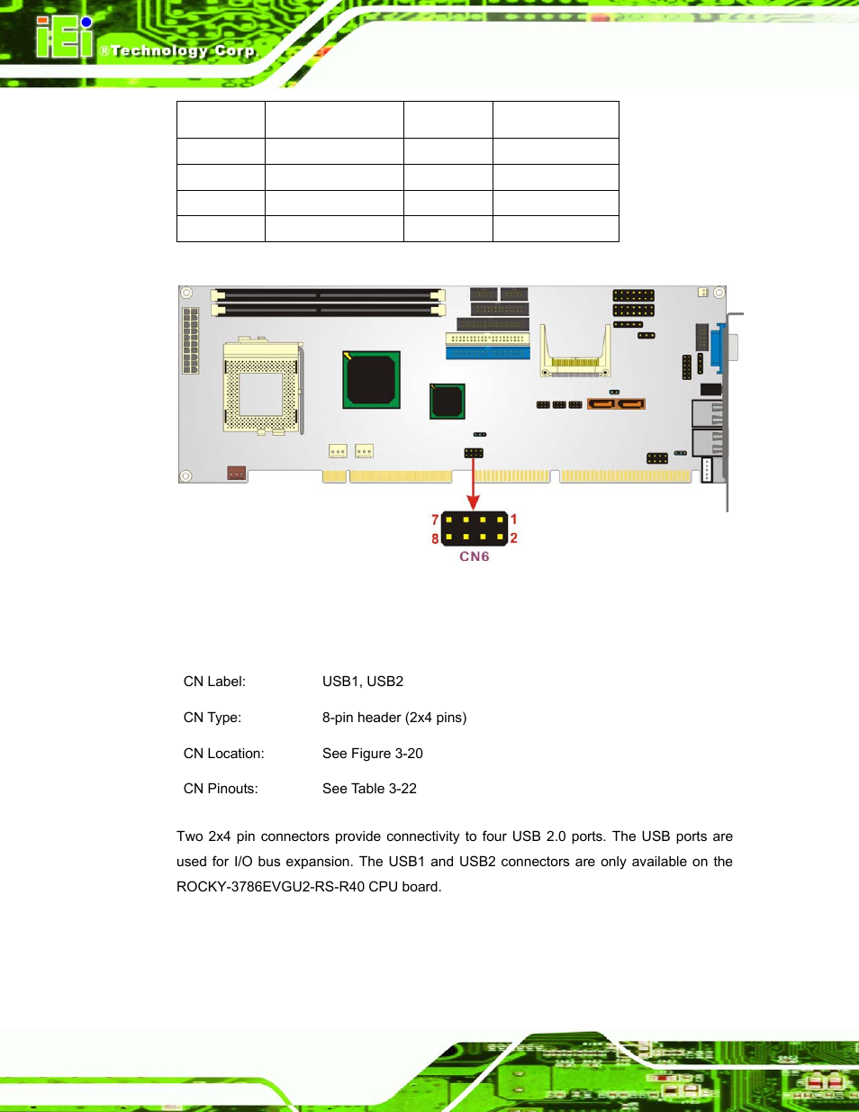 19 optional usb 2.0 connectors, Figure 3-19: internal usb 1.1 connector location, Table 3-21: internal usb 1.1 connector pinouts | IEI Integration ROCKY-3786 v4.10 User Manual | Page 56 / 147