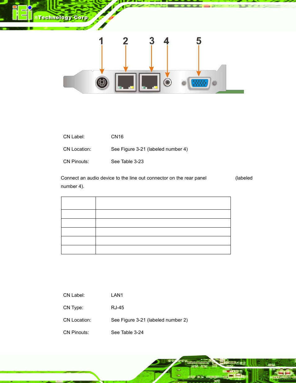 1 audio line out connector, 2 10/100mbps ethernet connector, Figure 3-21: rocky-3786ev cpu board rear panel | Table 3-23: line out connector pinouts, Figure 3-21 | IEI Integration ROCKY-3786 v4.10 User Manual | Page 58 / 147