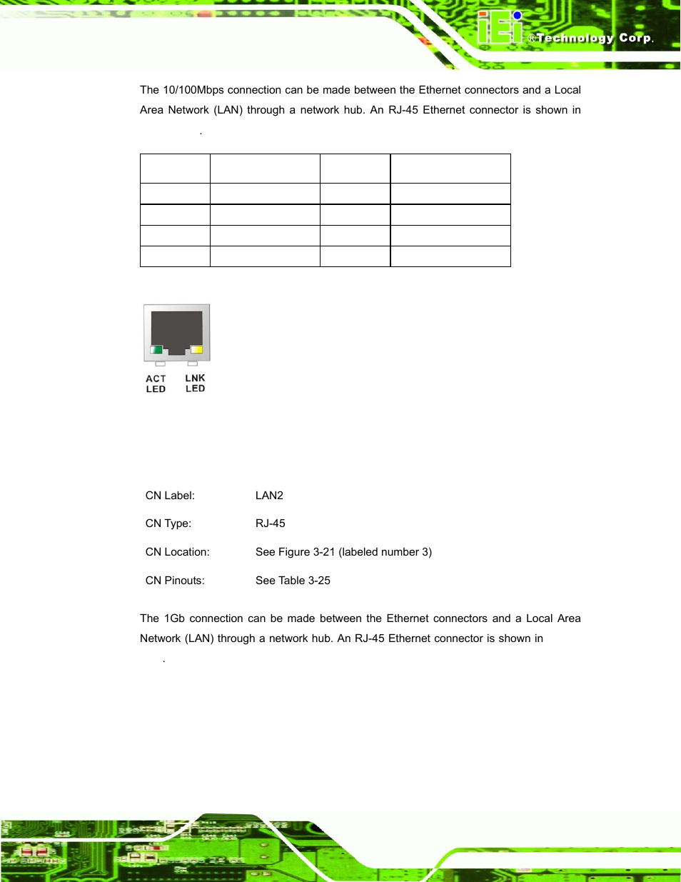 3 optional 1gb ethernet connector, Figure 3-22: ethernet connector, Table 3-24: 10/100mbps ethernet connector pinouts | See table 3-24 | IEI Integration ROCKY-3786 v4.10 User Manual | Page 59 / 147