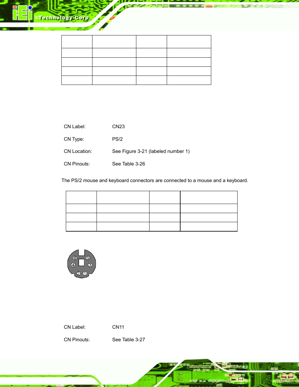 4 keyboard/mouse connector, 5 vga connector, Figure 3-23: keyboard/mouse pinout locations | Table 3-25: optiona 1gb ethernet connector pinouts, Table 3-26: keyboard/mouse pinouts, See table 3-25 | IEI Integration ROCKY-3786 v4.10 User Manual | Page 60 / 147