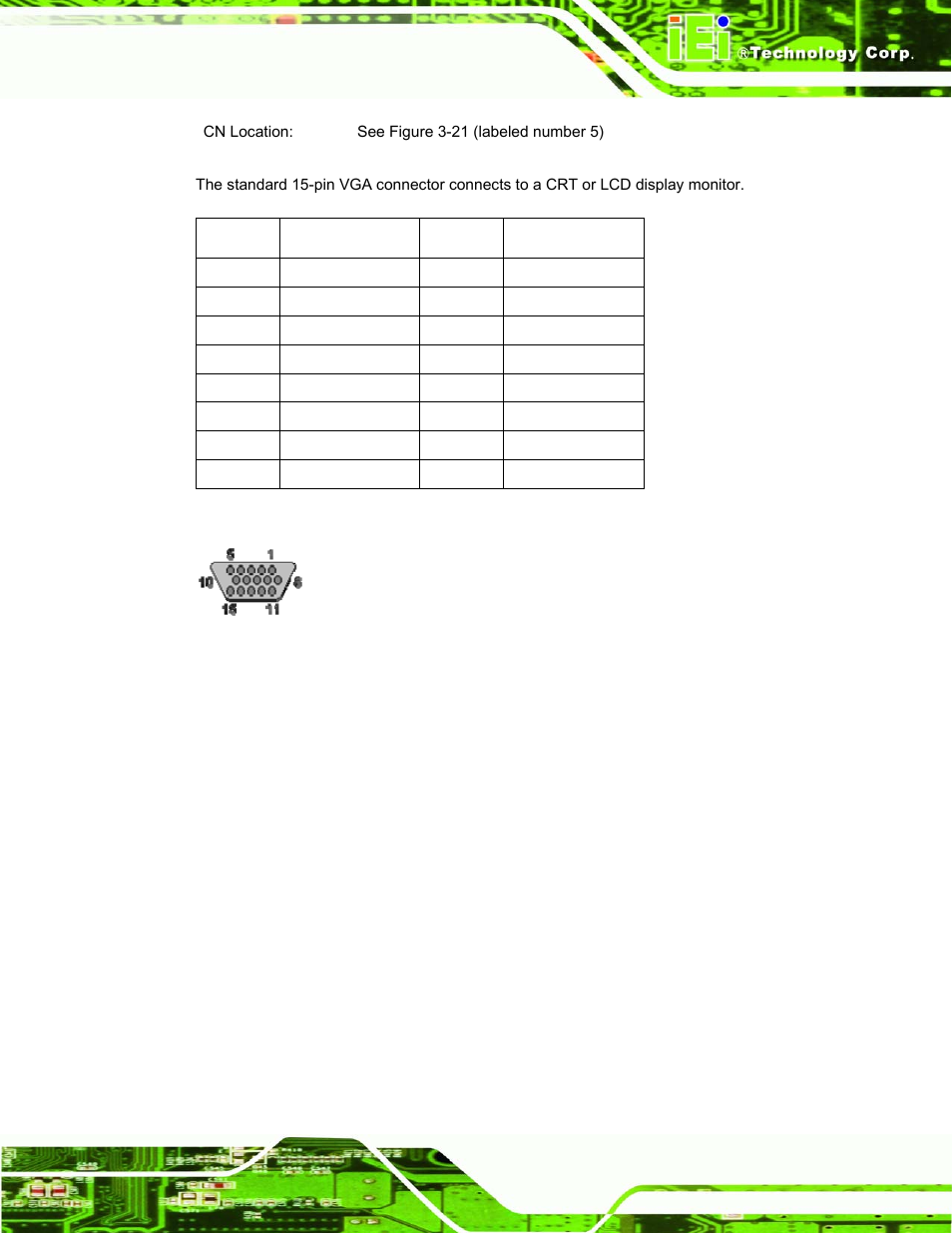 Figure 3-24: vga connector pin locations, Table 3-27: vga connector pinouts | IEI Integration ROCKY-3786 v4.10 User Manual | Page 61 / 147
