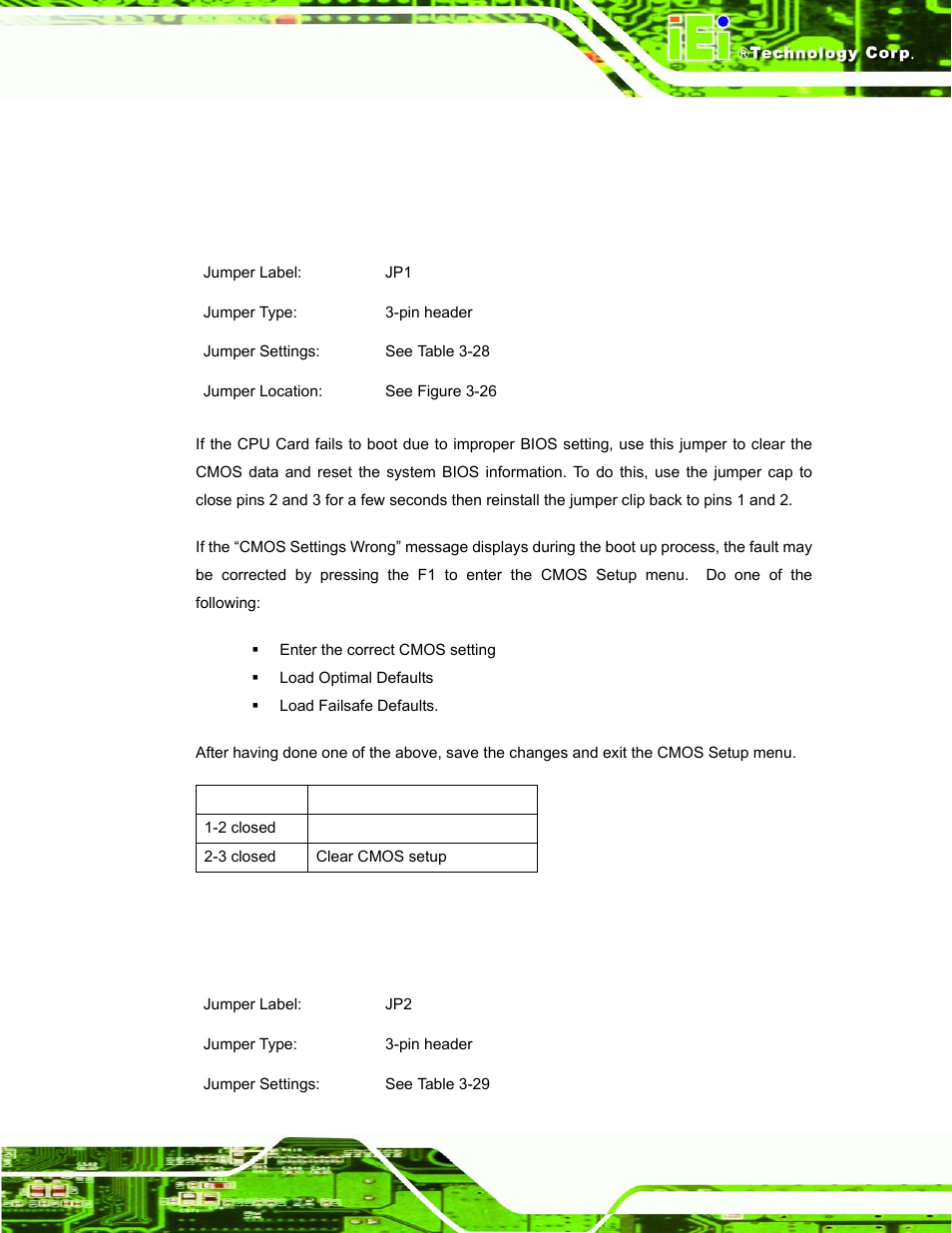 1 clear cmos jumper, 2 bios protection selection jumper, Table 3-28: clear cmos jumper settings | IEI Integration ROCKY-3786 v4.10 User Manual | Page 63 / 147