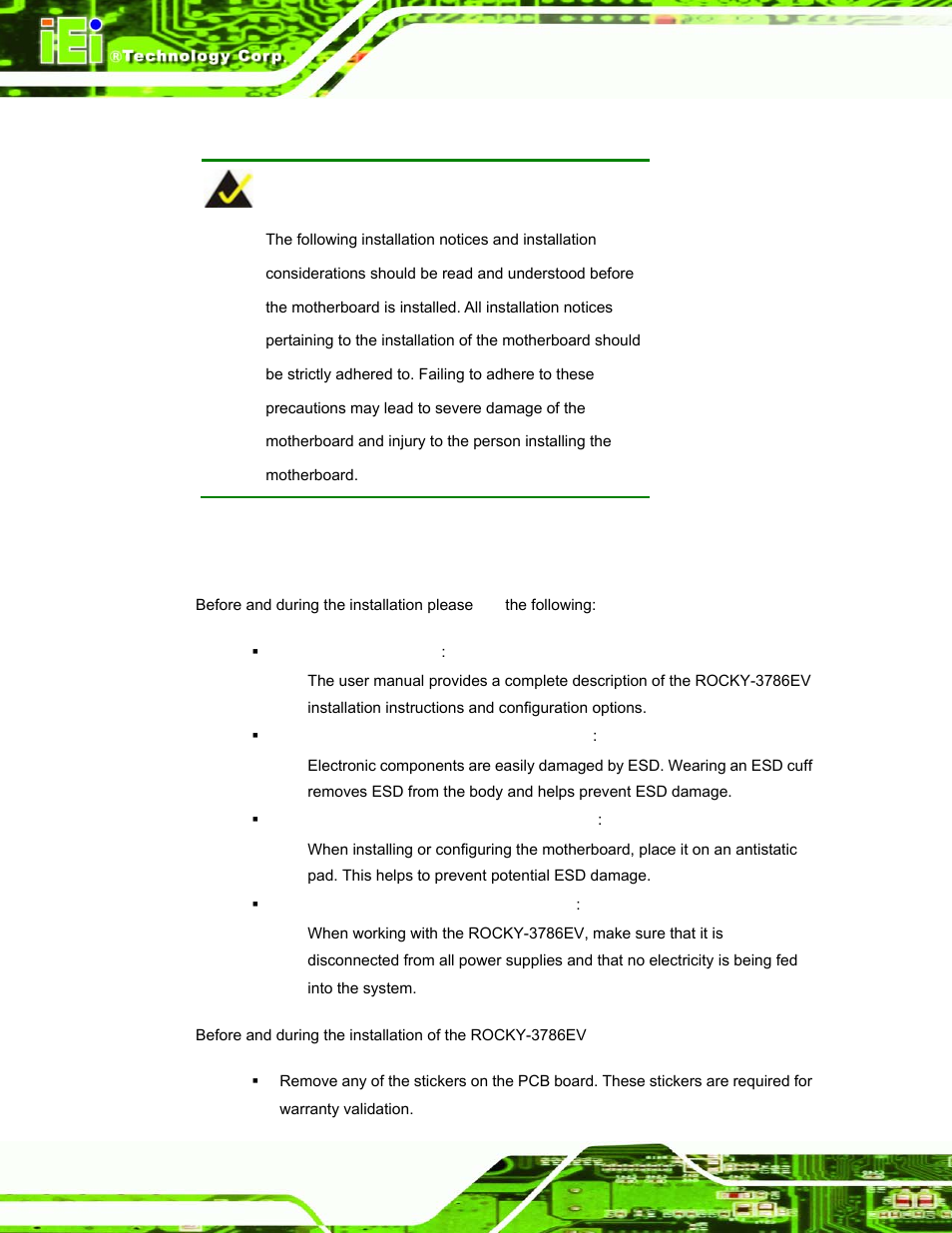 1 installation considerations, 1 installation notices, Nstallation | Onsiderations | IEI Integration ROCKY-3786 v4.10 User Manual | Page 68 / 147