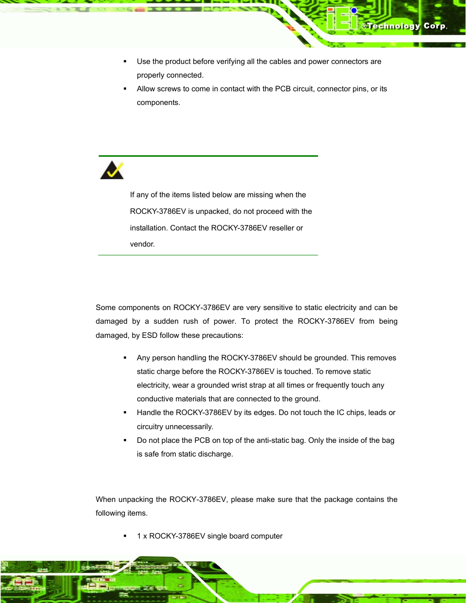 2 unpacking, 1 unpacking precautions, 2 checklist | Npacking | IEI Integration ROCKY-3786 v4.10 User Manual | Page 69 / 147