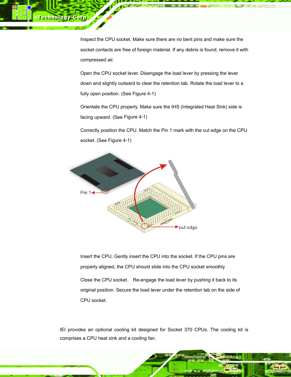 2 socket 370 cooling kit installation, Figure 4-1: install the cpu | IEI Integration ROCKY-3786 v4.10 User Manual | Page 72 / 147