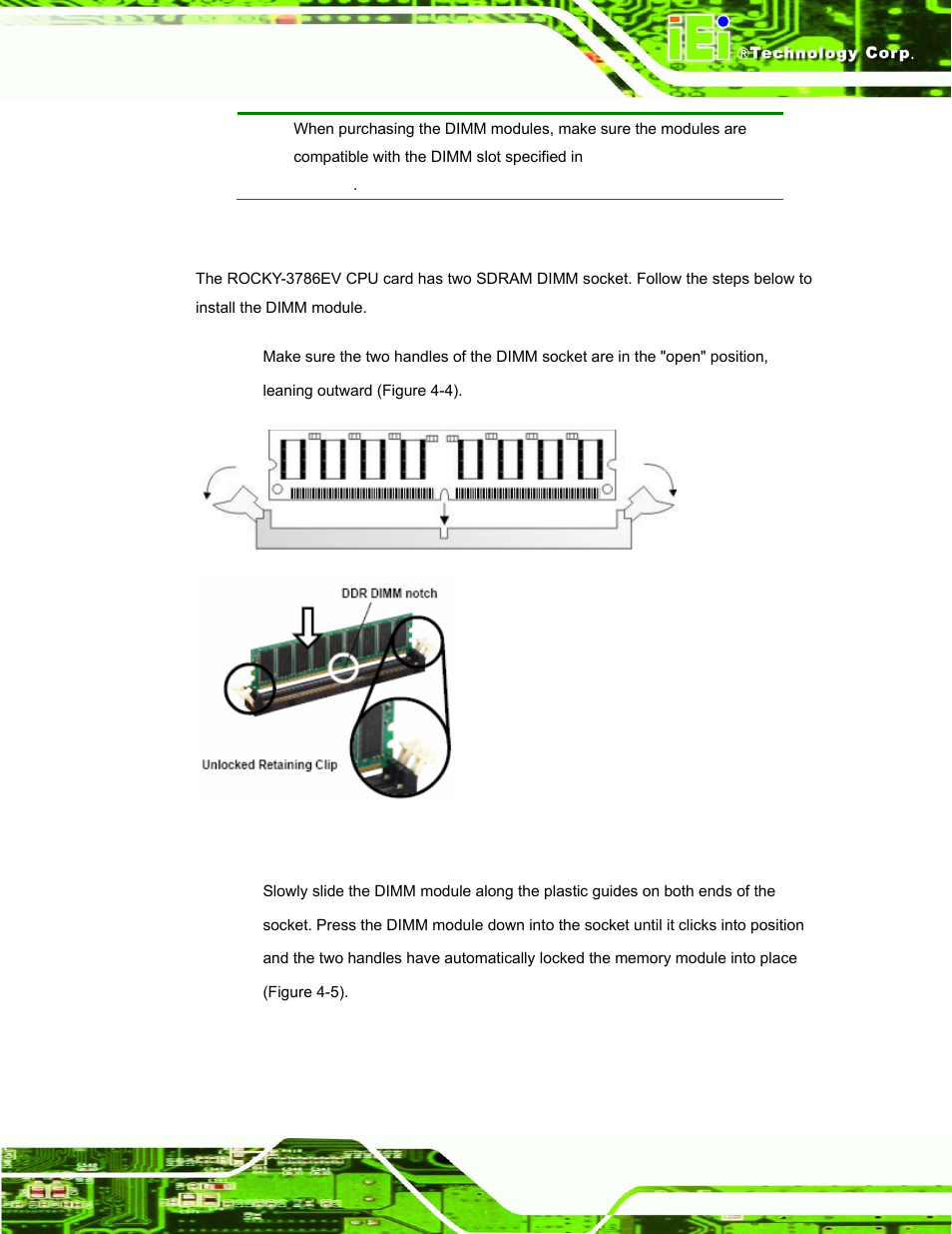 2 dimm module installation, Figure 4-4: installing the dimm module | IEI Integration ROCKY-3786 v4.10 User Manual | Page 75 / 147