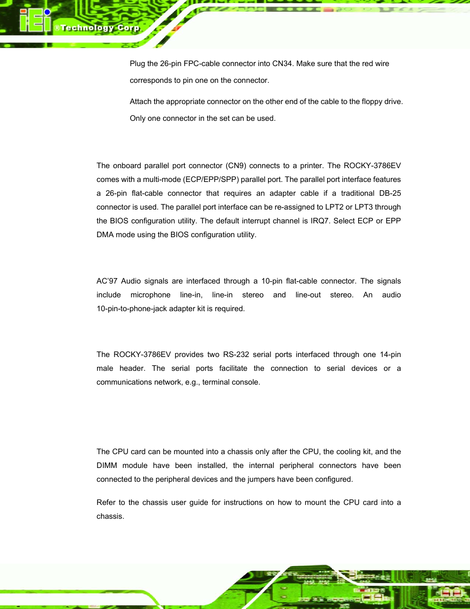 4 parallel port connector (cn9), 5 audio interface, 6 com port connectors [cn2, cn8 | 4 chassis installation, Hassis, Nstallation | IEI Integration ROCKY-3786 v4.10 User Manual | Page 78 / 147