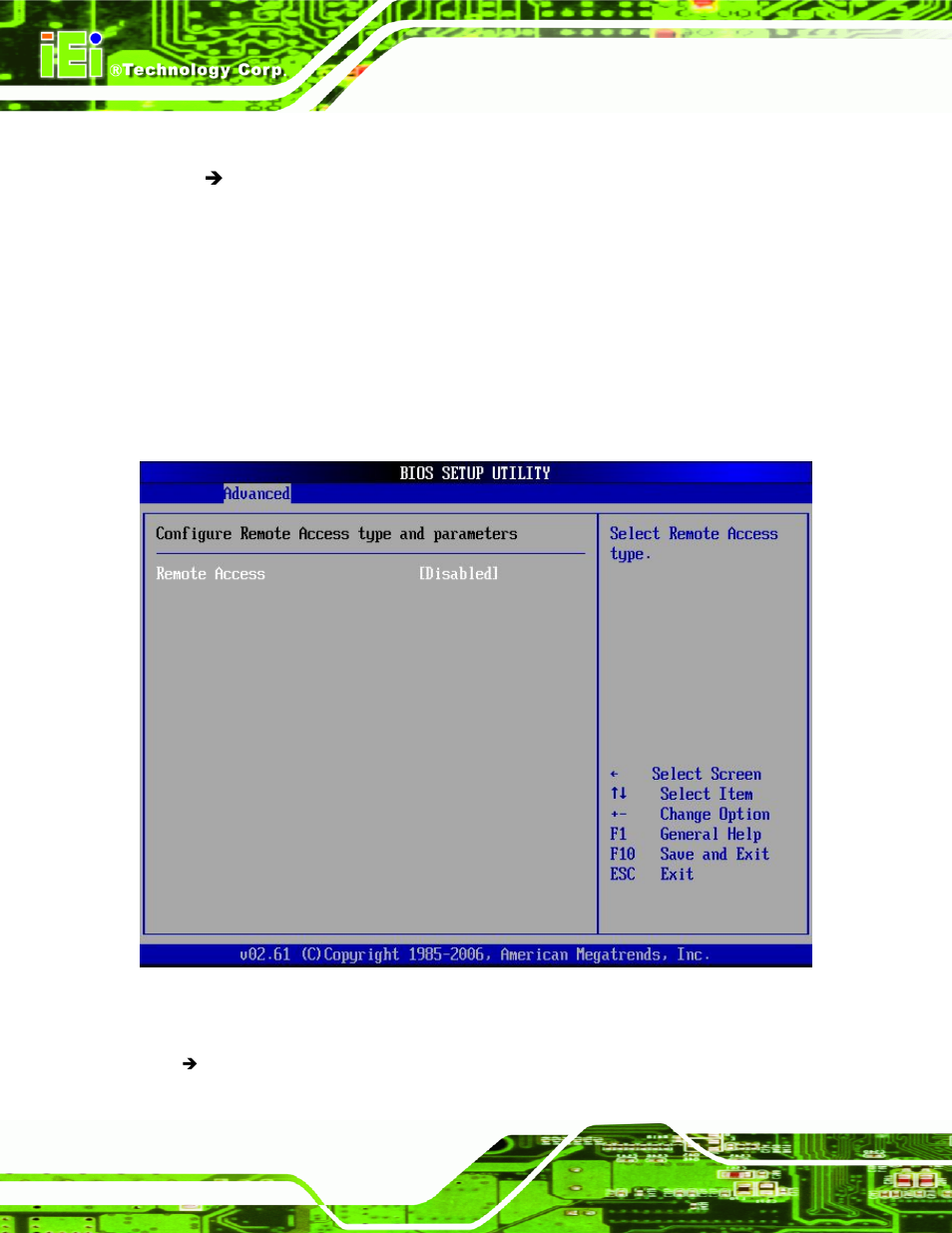 6 remote access configuration, Menu 11: remote access configuration [advanced | IEI Integration PCIE-Q350 v1.00 User Manual | Page 156 / 272