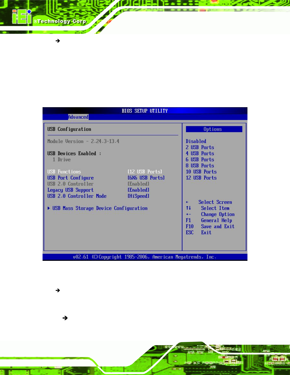 8 usb configuration, Menu 13: usb configuration, Section 6.3.7) | IEI Integration PCIE-Q350 v1.00 User Manual | Page 160 / 272