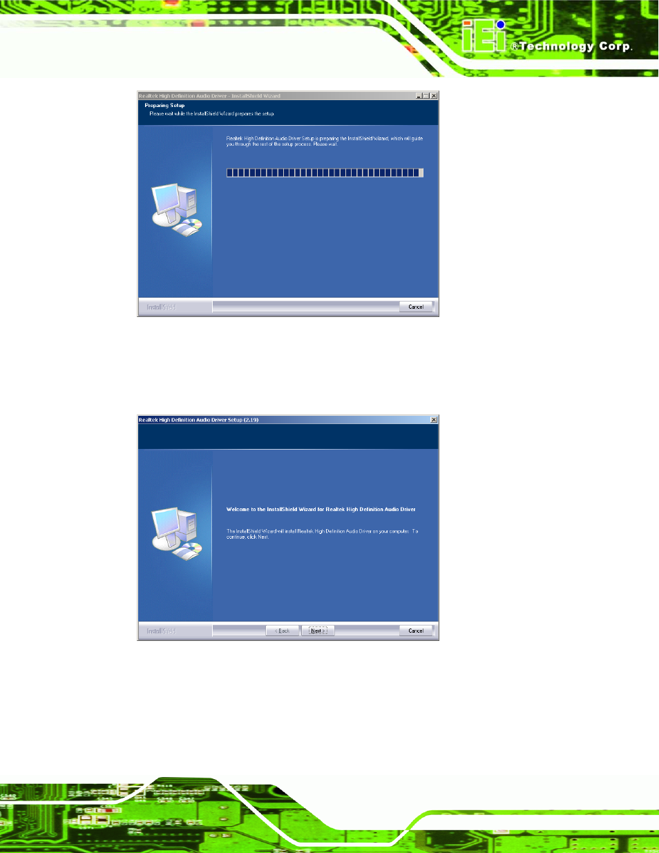 Figure 7-47: preparing setup screen, Figure 7-48: installshield wizard welcome screen | IEI Integration PCIE-Q350 v1.00 User Manual | Page 217 / 272