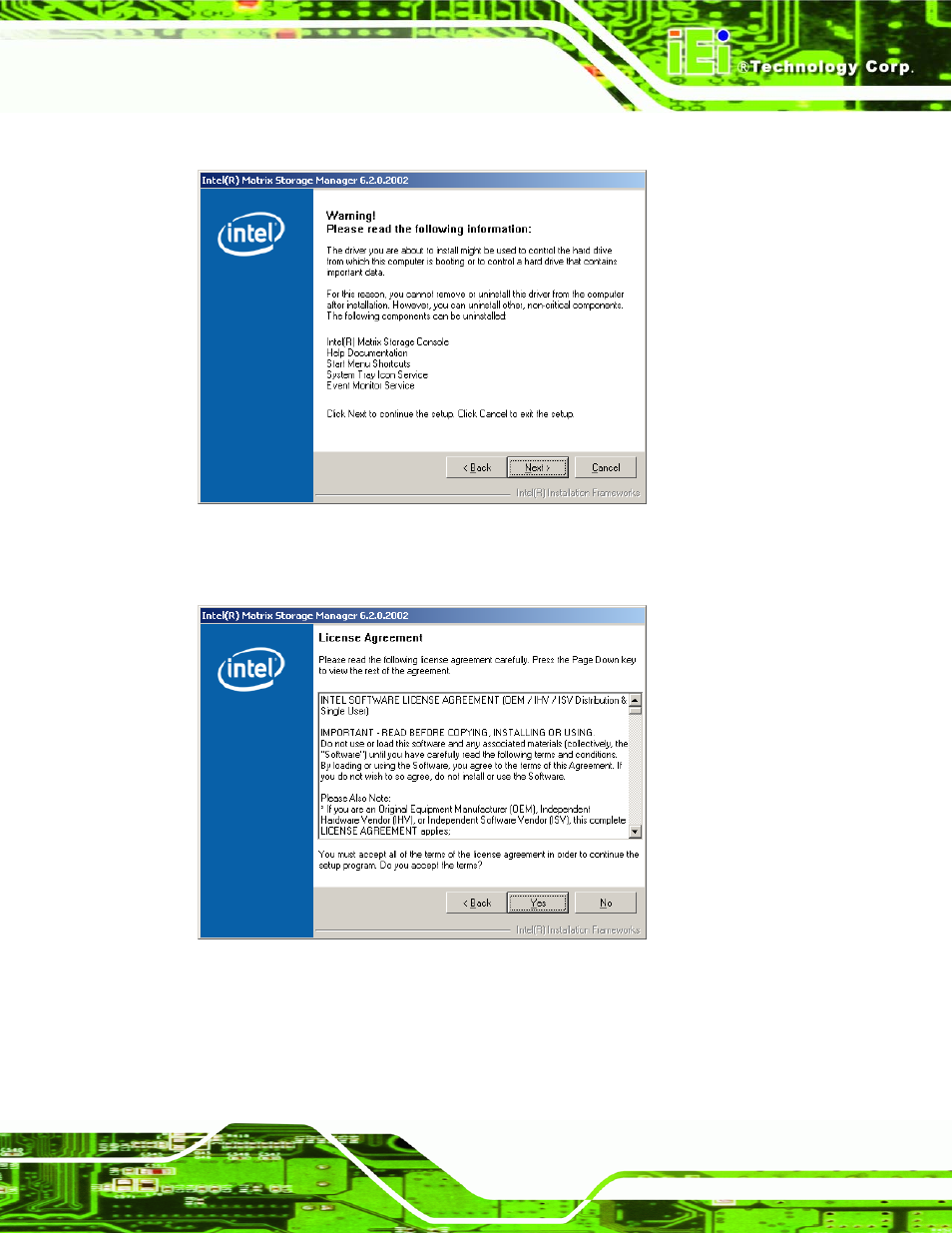 Figure 7-57: matrix storage manager warning screen | IEI Integration PCIE-Q350 v1.00 User Manual | Page 223 / 272