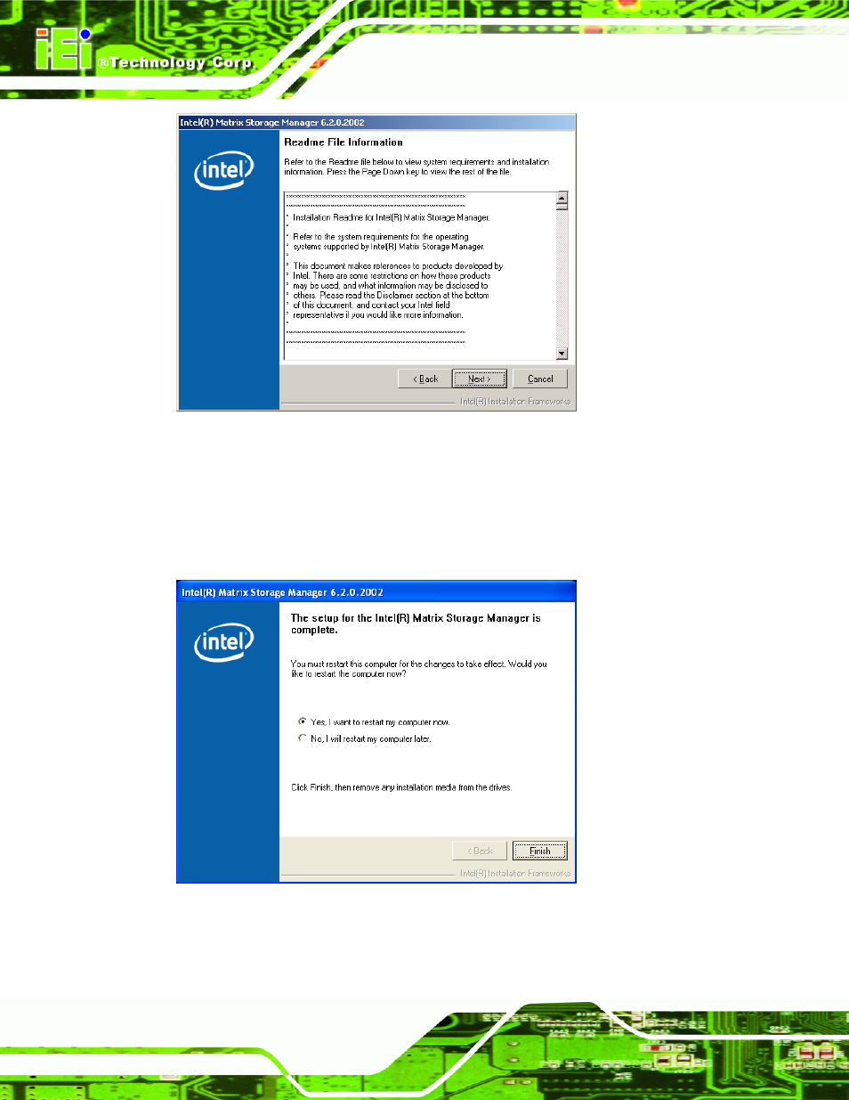 Figure 7-59: matrix storage manager readme file, Figure 7-60: matrix storage manager setup complete | IEI Integration PCIE-Q350 v1.00 User Manual | Page 224 / 272