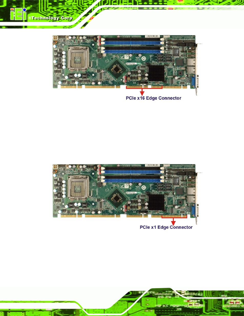 3 pcie x1 expansion, 4 intel® 82573l pcie gbe controller, Figure 2-14: pcie x16 edge connector | Figure 2-15: pcie x1 edge connector (four lanes), N 2.6.3 | IEI Integration PCIE-Q350 v1.00 User Manual | Page 52 / 272