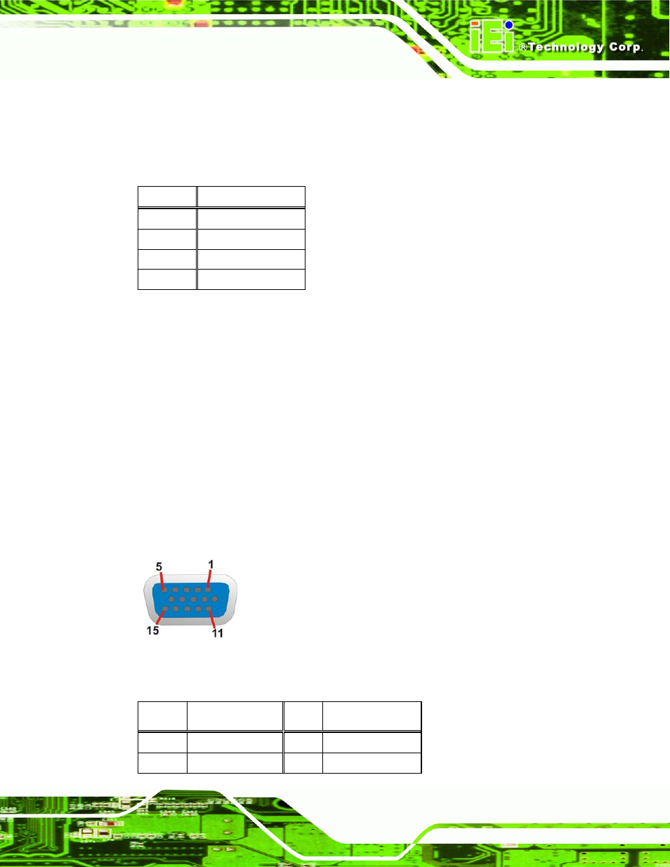3 vga connector, Figure 4-17: vga connector, Table 4-18: usb port pinouts | IEI Integration PCIE-Q350 v1.00 User Manual | Page 99 / 272
