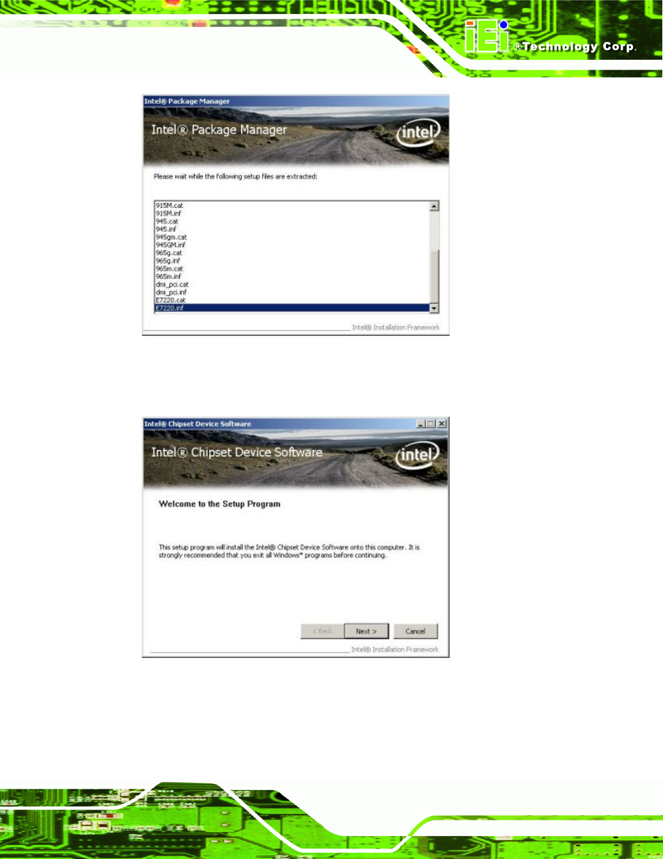 Figure 7-5: intel® package manager, Figure 7-6: intel® setup welcome screen | IEI Integration PCIE-Q350 v1.12 User Manual | Page 180 / 250