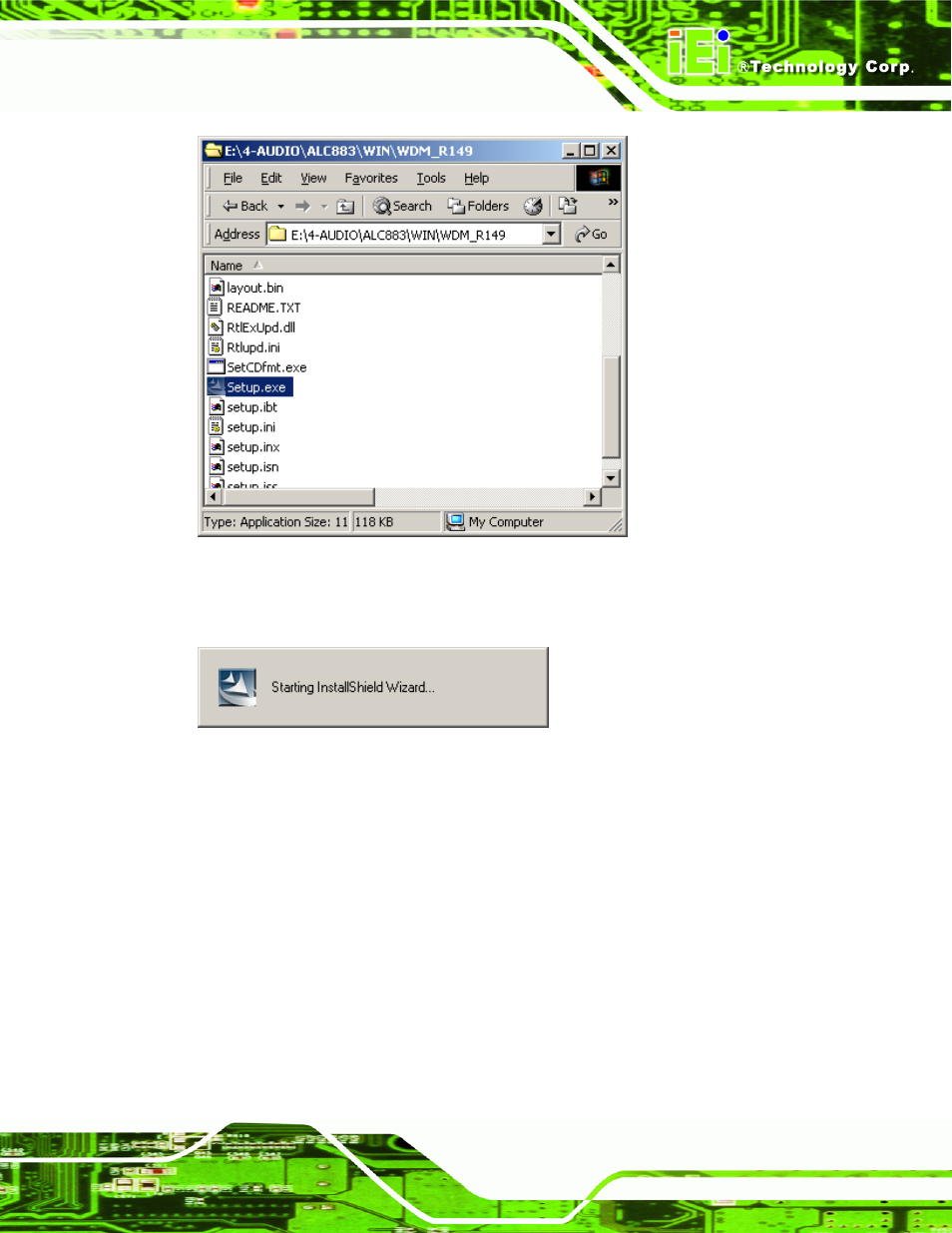 Figure 7-45: locate the setup program icon, Figure 7-46: the installshield wizard starts | IEI Integration PCIE-Q350 v1.12 User Manual | Page 206 / 250