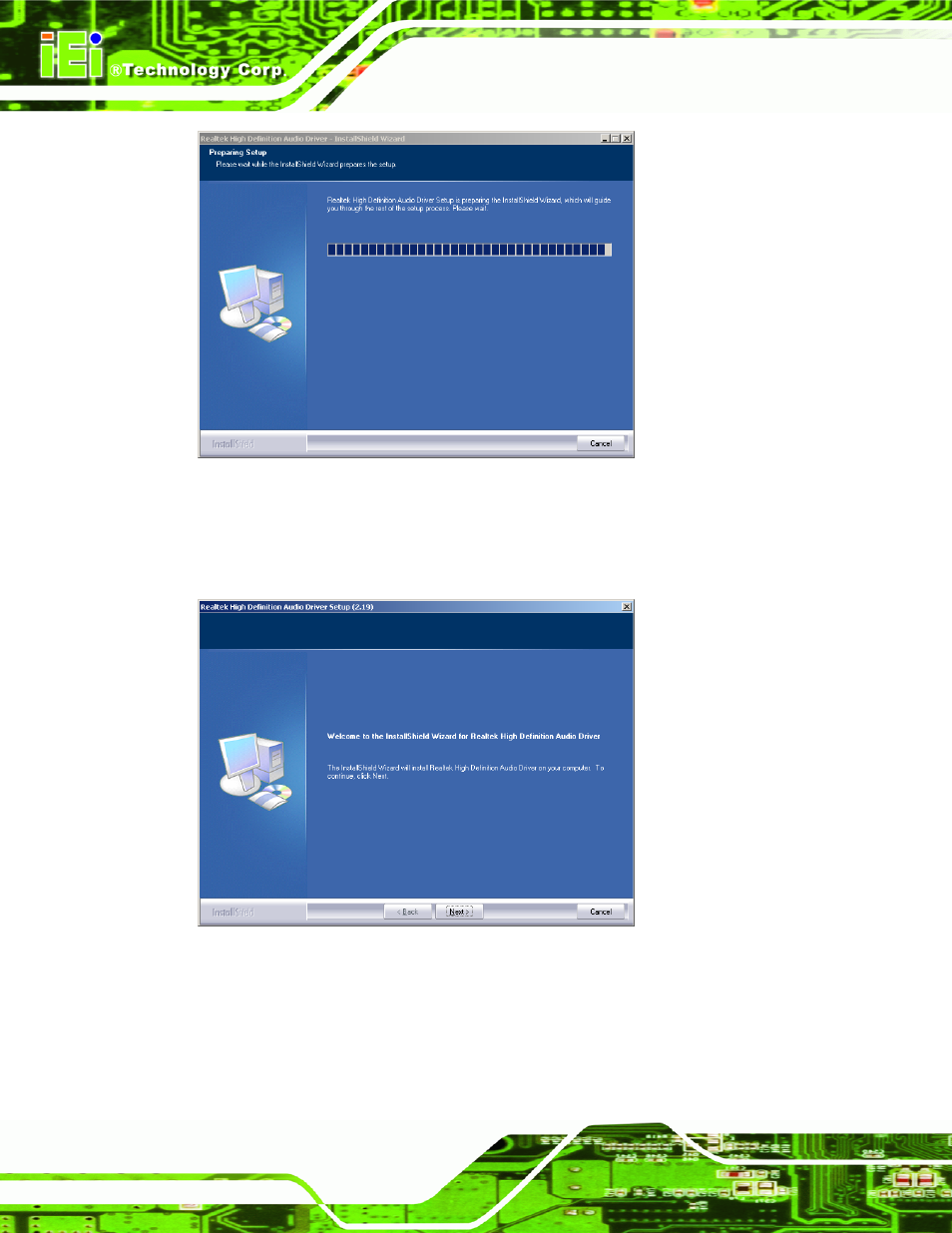 Figure 7-47: preparing setup screen, Figure 7-48: installshield wizard welcome screen | IEI Integration PCIE-Q350 v1.12 User Manual | Page 207 / 250