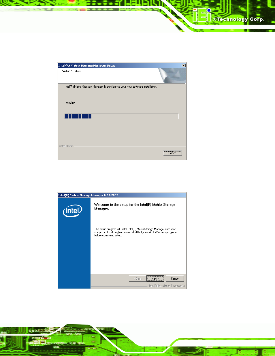 Figure 7-55: matrix storage manager setup screen, Figure 7-56: matrix storage manager welcome screen | IEI Integration PCIE-Q350 v1.12 User Manual | Page 212 / 250