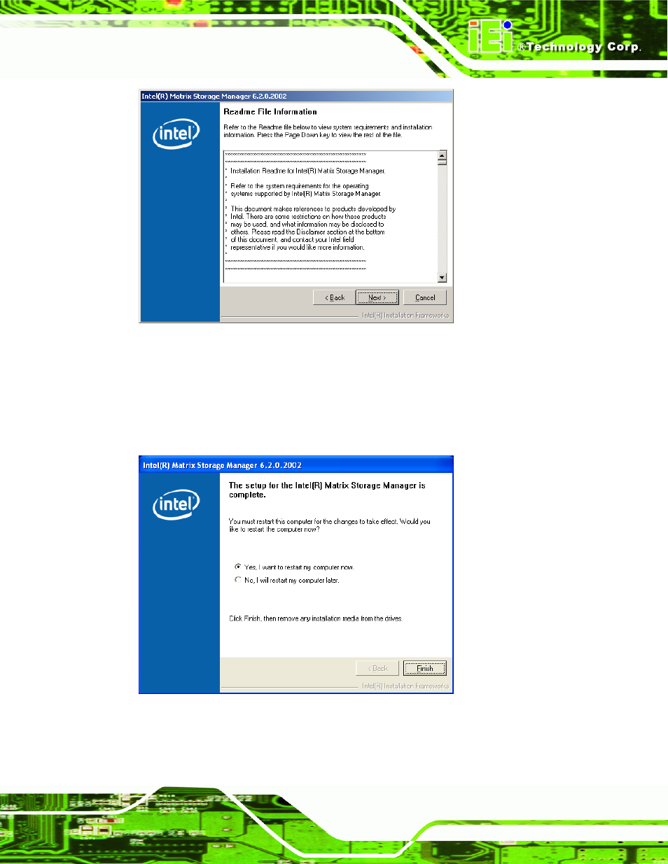Figure 7-59: matrix storage manager readme file, Figure 7-60: matrix storage manager setup complete | IEI Integration PCIE-Q350 v1.12 User Manual | Page 214 / 250