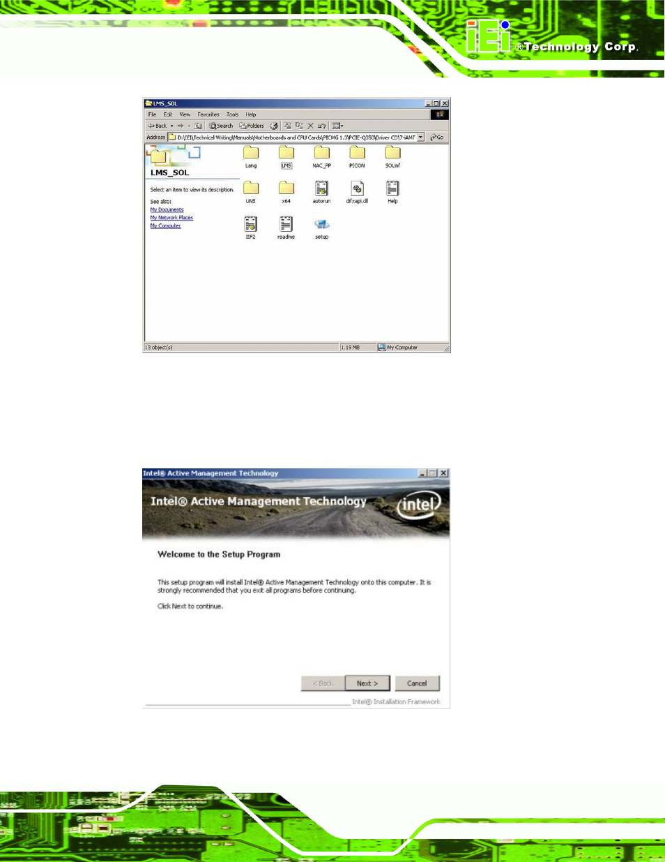 Figure 7-62: iamt driver installation icon, Figure 7-63: iamt welcome screen | IEI Integration PCIE-Q350 v1.12 User Manual | Page 216 / 250