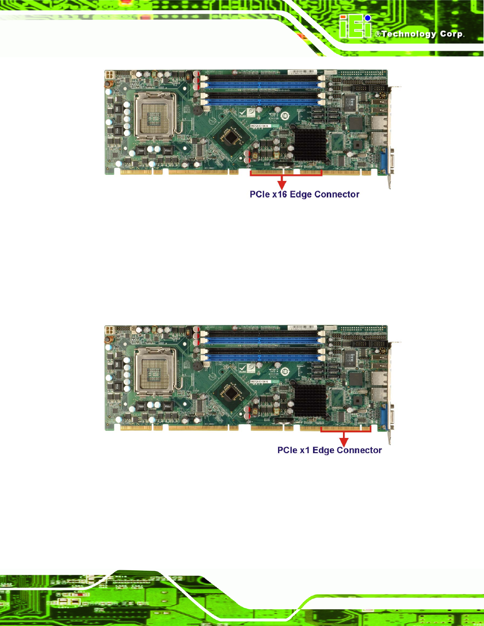 3 pcie x1 expansion, 4 intel® 82573l pcie gbe controller, Figure 2-14: pcie x16 edge connector | Figure 2-15: pcie x1 edge connector (four lanes), N 2.6.3 | IEI Integration PCIE-Q350 v1.12 User Manual | Page 52 / 250