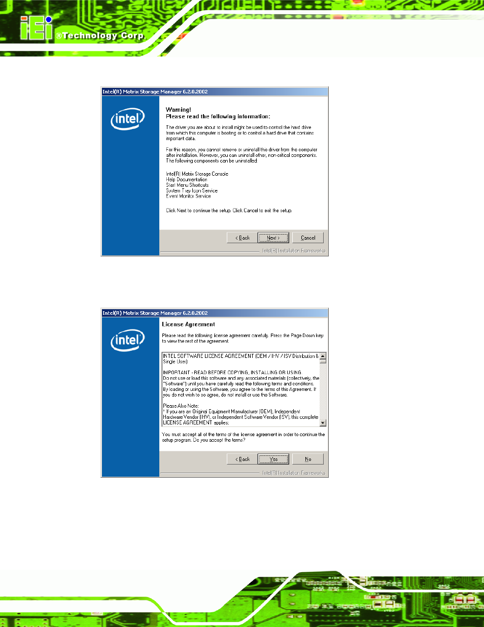 Figure 7-57: matrix storage manager warning screen | IEI Integration PCIE-Q350 v1.20 User Manual | Page 213 / 250