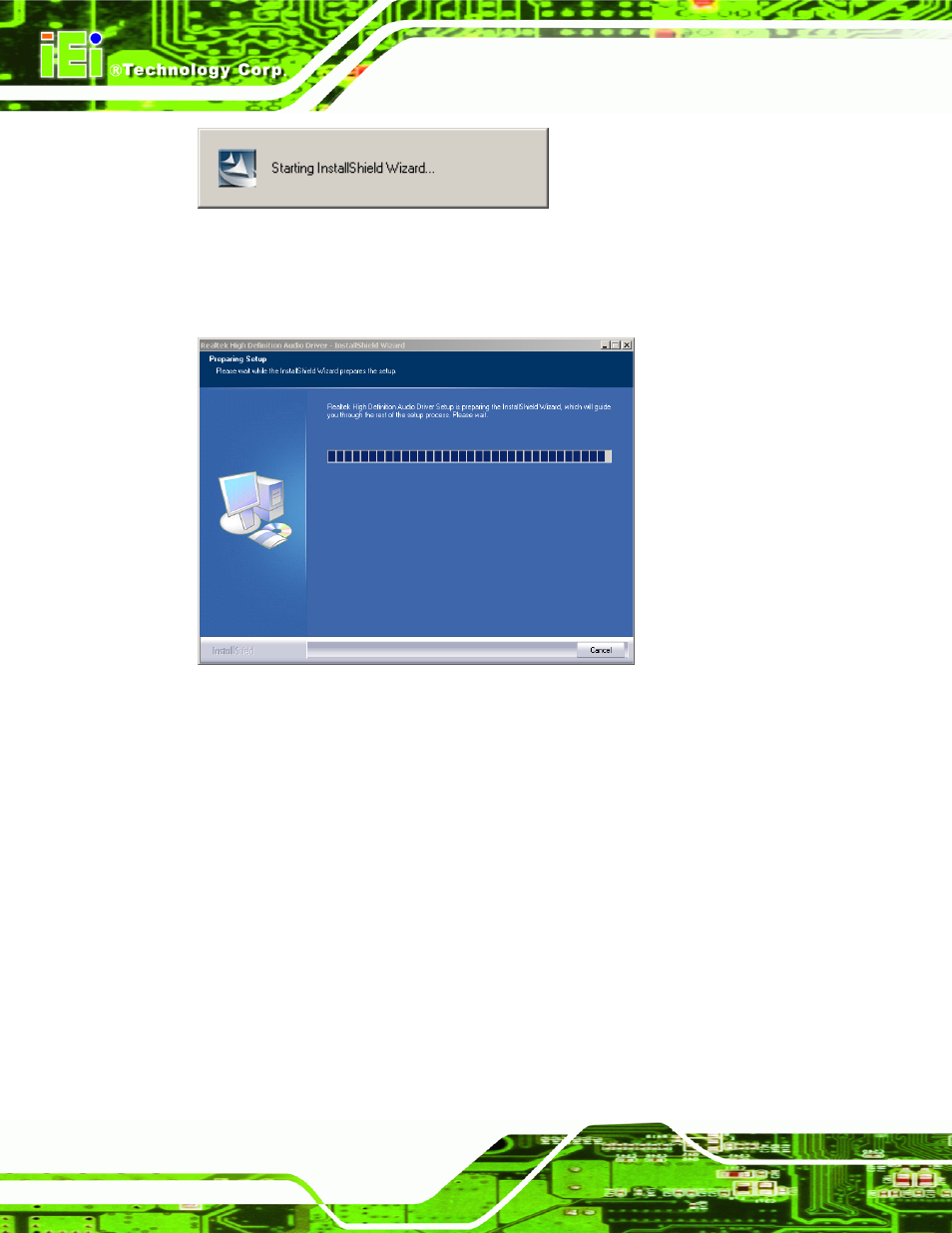 Figure 7-36: the installshield wizard starts, Figure 7-37: preparing setup screen | IEI Integration PCIE-Q350 v1.30 User Manual | Page 174 / 213