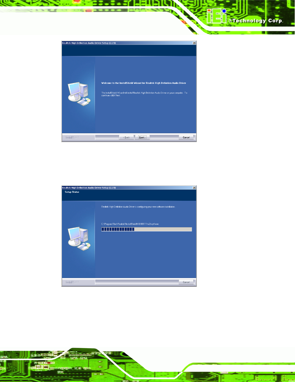 Figure 7-38: installshield wizard welcome screen, Figure 7-39: audio driver software configuration | IEI Integration PCIE-Q350 v1.30 User Manual | Page 175 / 213