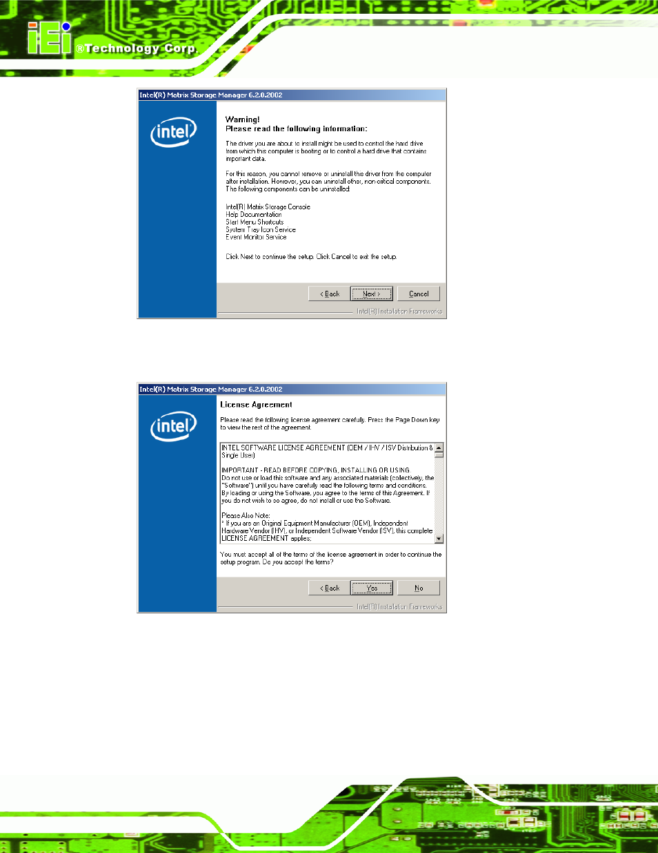 Figure 7-47: matrix storage manager warning screen | IEI Integration PCIE-Q350 v1.30 User Manual | Page 180 / 213