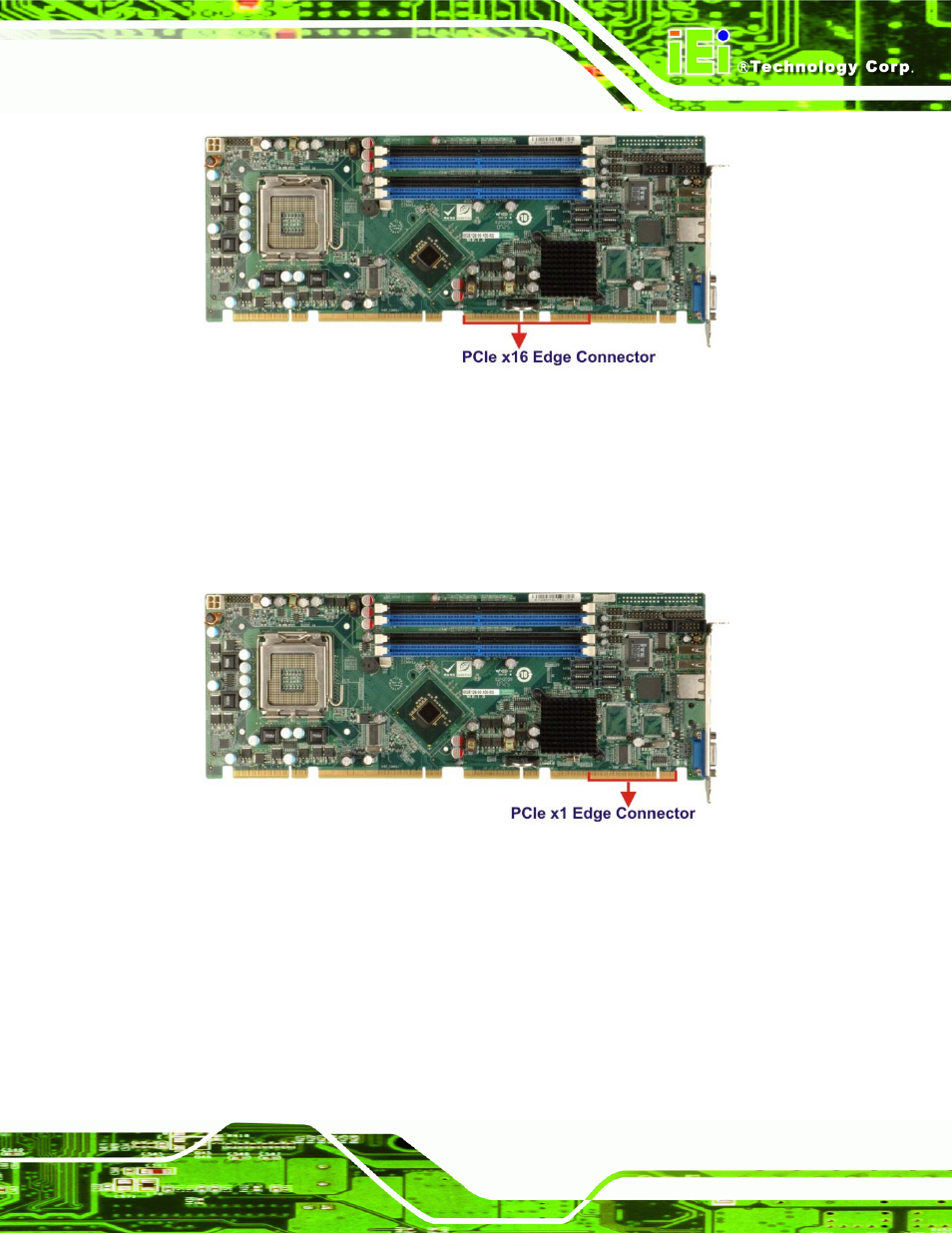 3 pcie x1 expansion, 4 intel® 82573l pcie gbe controller, Figure 2-13: pcie x16 edge connector | Figure 2-14: pcie x1 edge connector (four lanes), N 2.6.3 | IEI Integration PCIE-Q350 v1.30 User Manual | Page 47 / 213