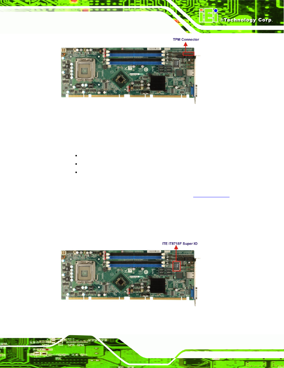 3 super i/o chipset, Figure 2-18: tpm connector, Figure 2-19: ite it8718f super i/o | IEI Integration PCIE-Q350 v1.30 User Manual | Page 51 / 213