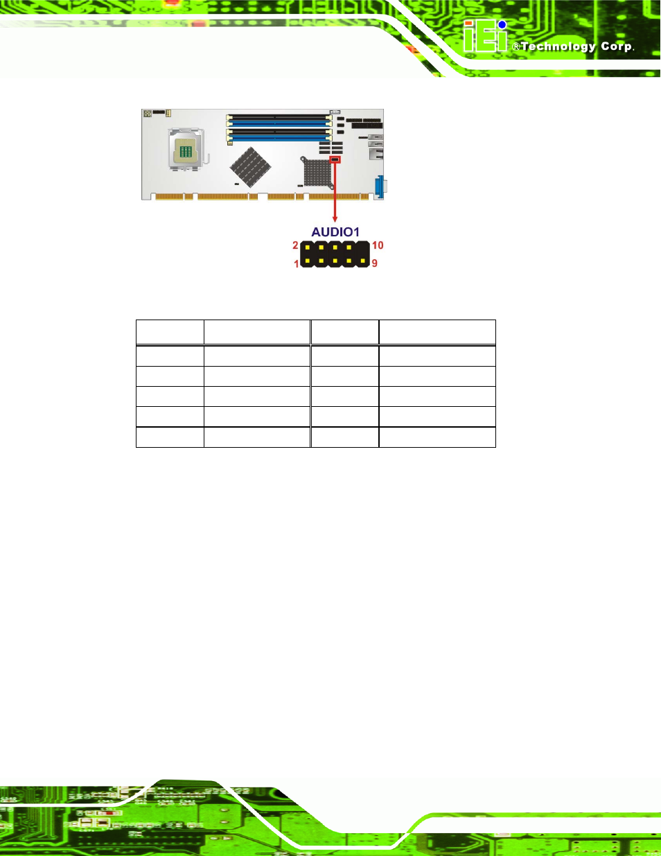 3 digital input/output (dio) connector, Figure 4-3: audio connector location, Table 4-4: audio connector pinouts | See figure 4-3, See table 4-4 | IEI Integration PCIE-Q350 v1.30 User Manual | Page 69 / 213