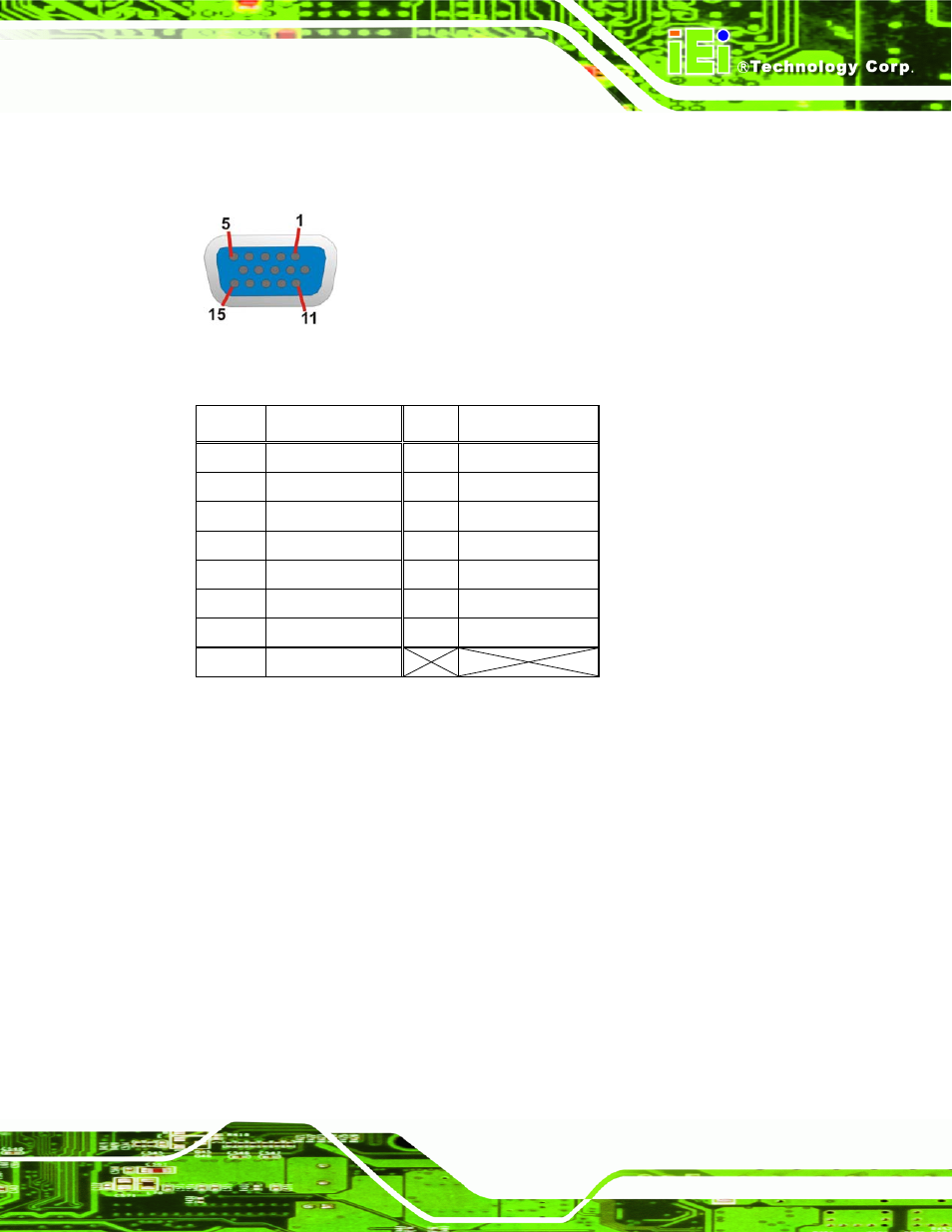 Figure 4-17: vga connector, Table 4-19: vga connector pinouts, See figure 4-17 and table 4-19 | IEI Integration PCIE-Q350 v1.30 User Manual | Page 83 / 213