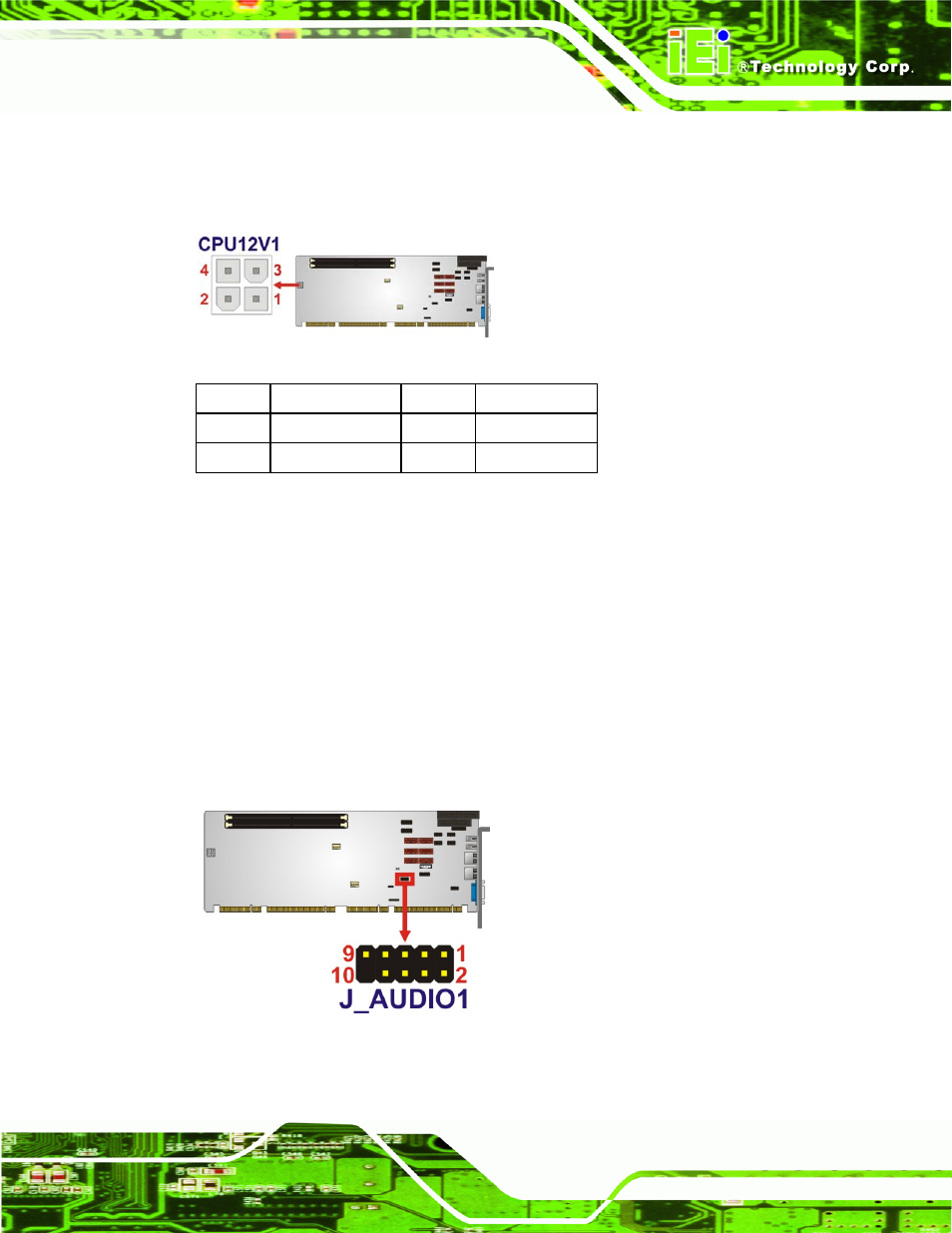 2 audio kit connector, Figure 3-2: cpu 12v power connector location, Figure 3-3: audio connector location | Table 3-3: cpu 12v power connector pinouts | IEI Integration PCIE-Q57A User Manual | Page 29 / 159