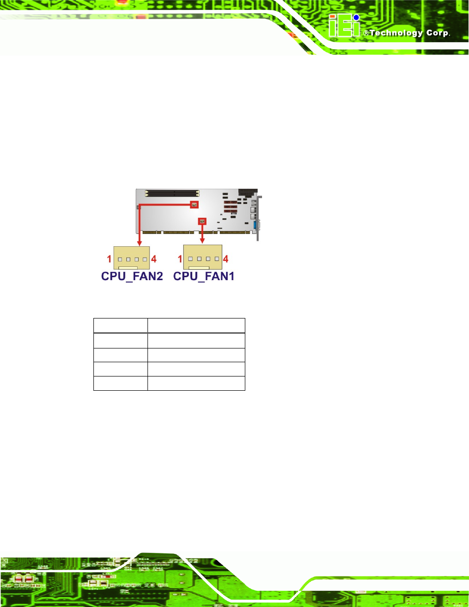 4 fan connector (cpu), 5 floppy disk connector, Figure 3-5: cpu fan connector location | Table 3-6: cpu fan connector pinouts | IEI Integration PCIE-Q57A User Manual | Page 31 / 159