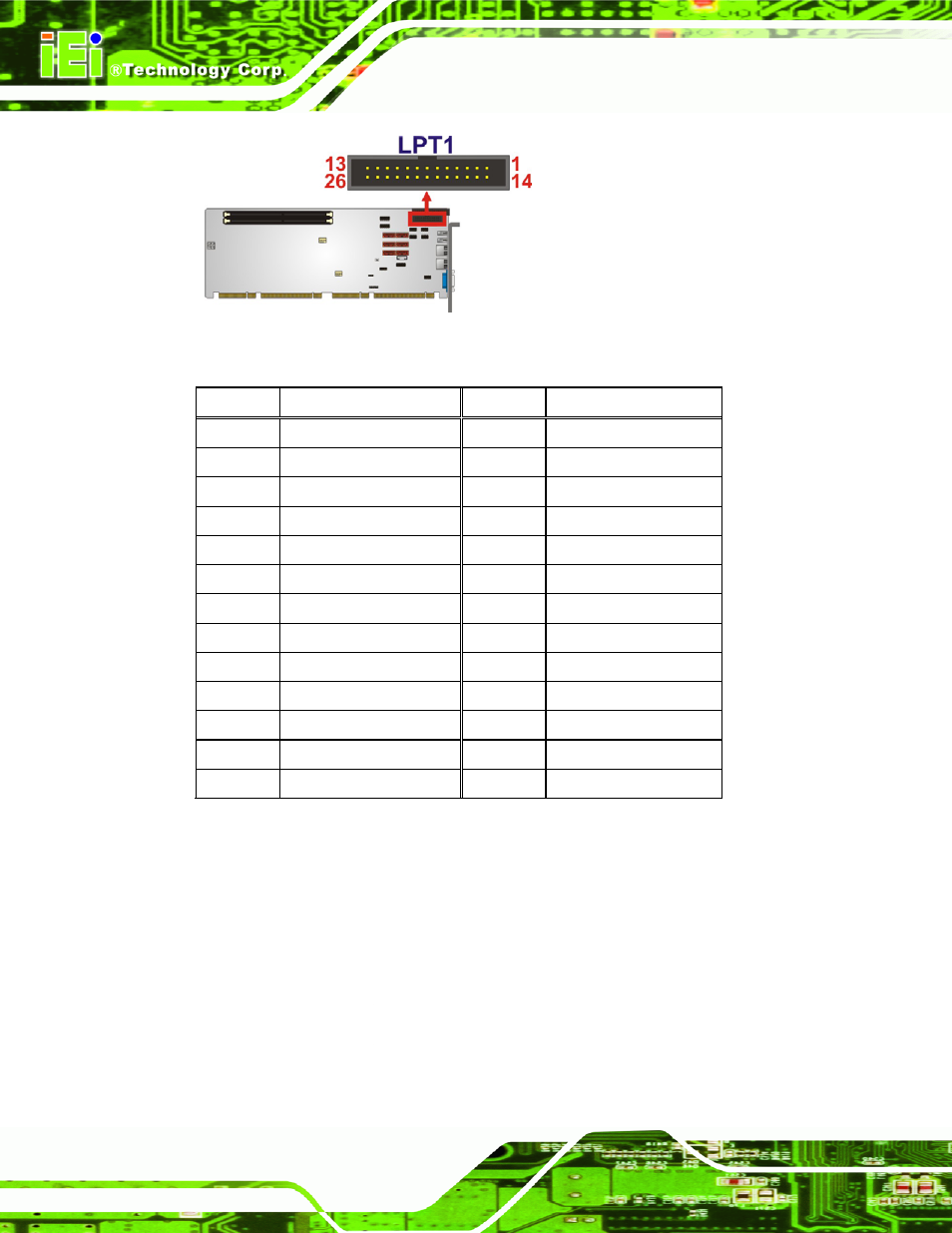 10 sata drive connectors, Figure 3-10: parallel port connector location, Table 3-11: parallel port connector pinouts | IEI Integration PCIE-Q57A User Manual | Page 36 / 159