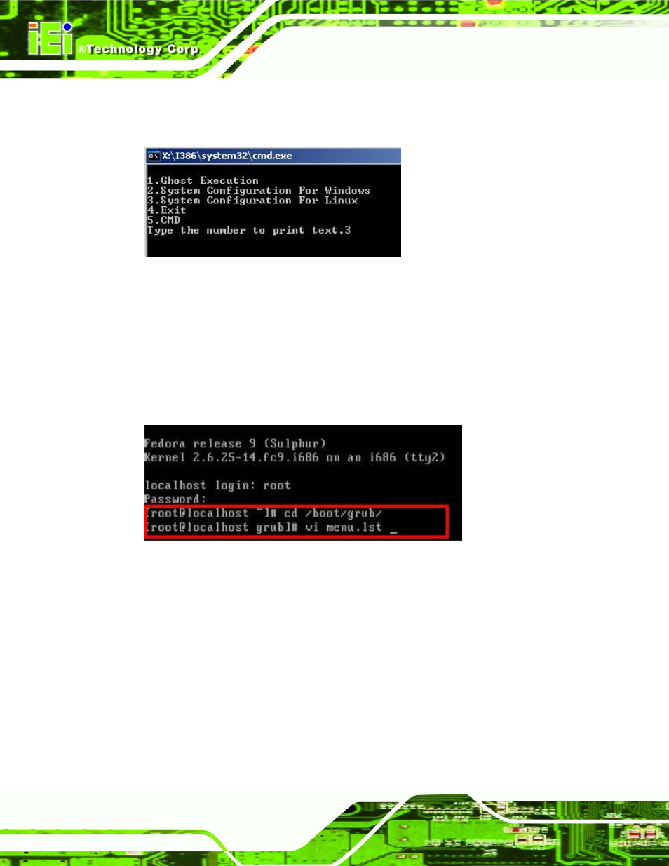 Figure b-20: system configuration for linux, Figure b-21: access menu.lst in linux (text mode) | IEI Integration PCIE-G41A2 User Manual | Page 130 / 151