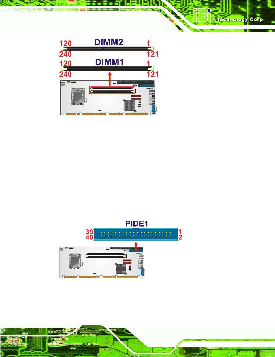 11 parallel ata (ide) connector, Figure 3-11: memory card slot location, Figure 3-12: parallel ata (ide) connector location | IEI Integration PCIE-G41A2 User Manual | Page 37 / 151