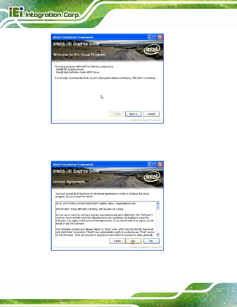 Figure 6-9: graphics driver welcome screen, Figure 6-10: graphics driver license agreement | IEI Integration PCIE-Q670 v1.03 User Manual | Page 125 / 206