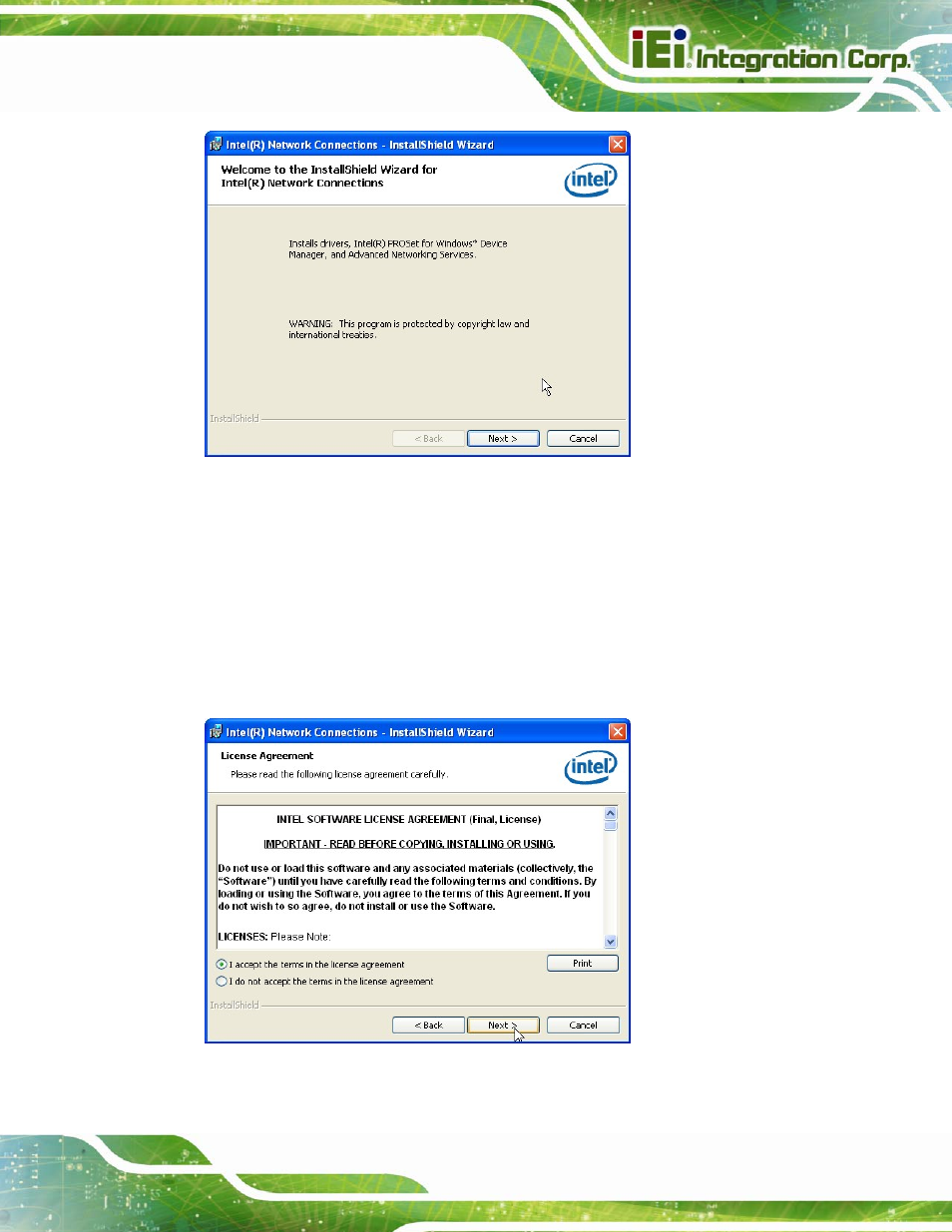 Figure 6-14: lan driver welcome screen, Figure 6-15: lan driver license agreement | IEI Integration PCIE-Q670 v1.03 User Manual | Page 128 / 206