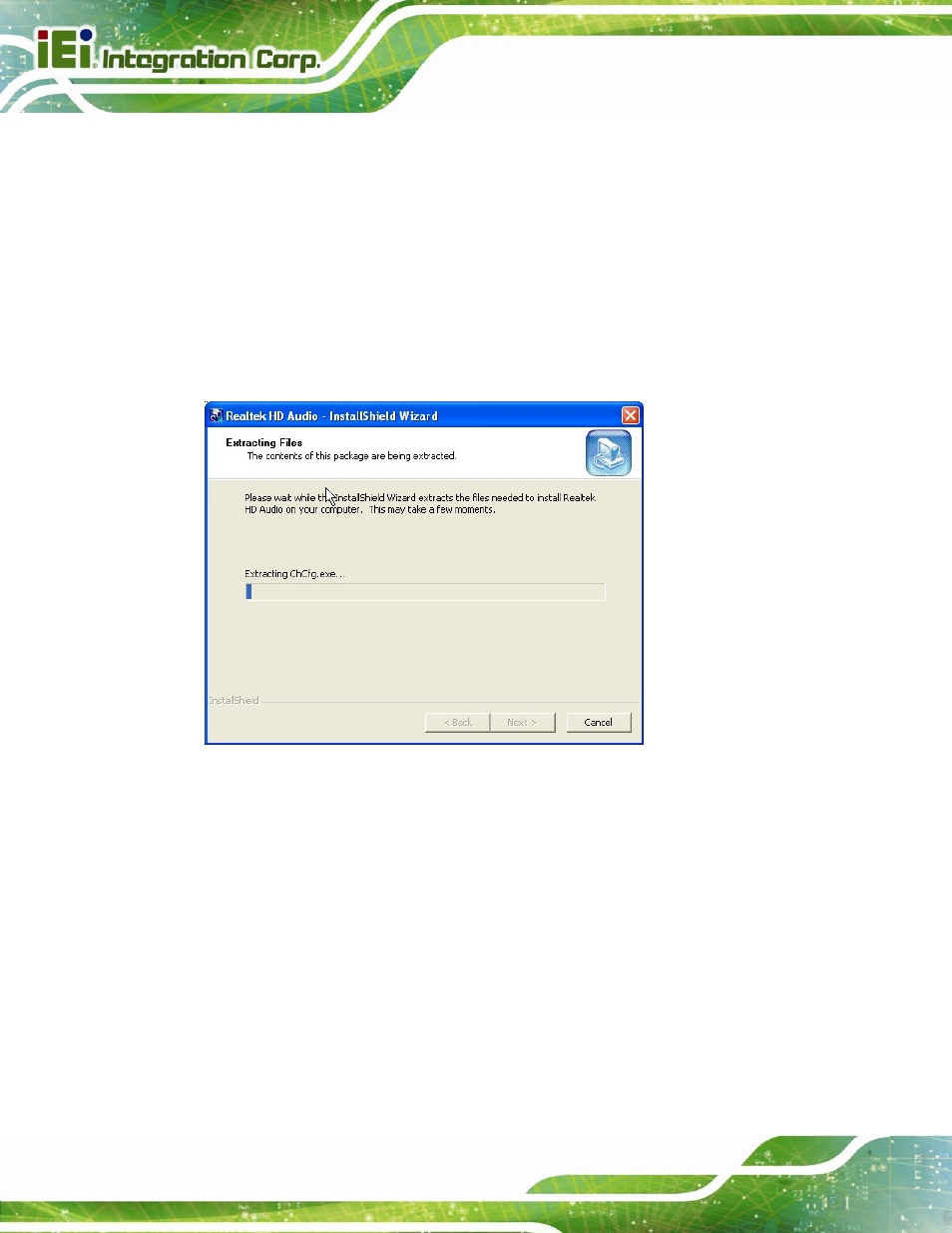 6 audio driver installation, Udio, River | Nstallation, Figure 6-19: audio driver – extracting files | IEI Integration PCIE-Q670 v1.03 User Manual | Page 131 / 206