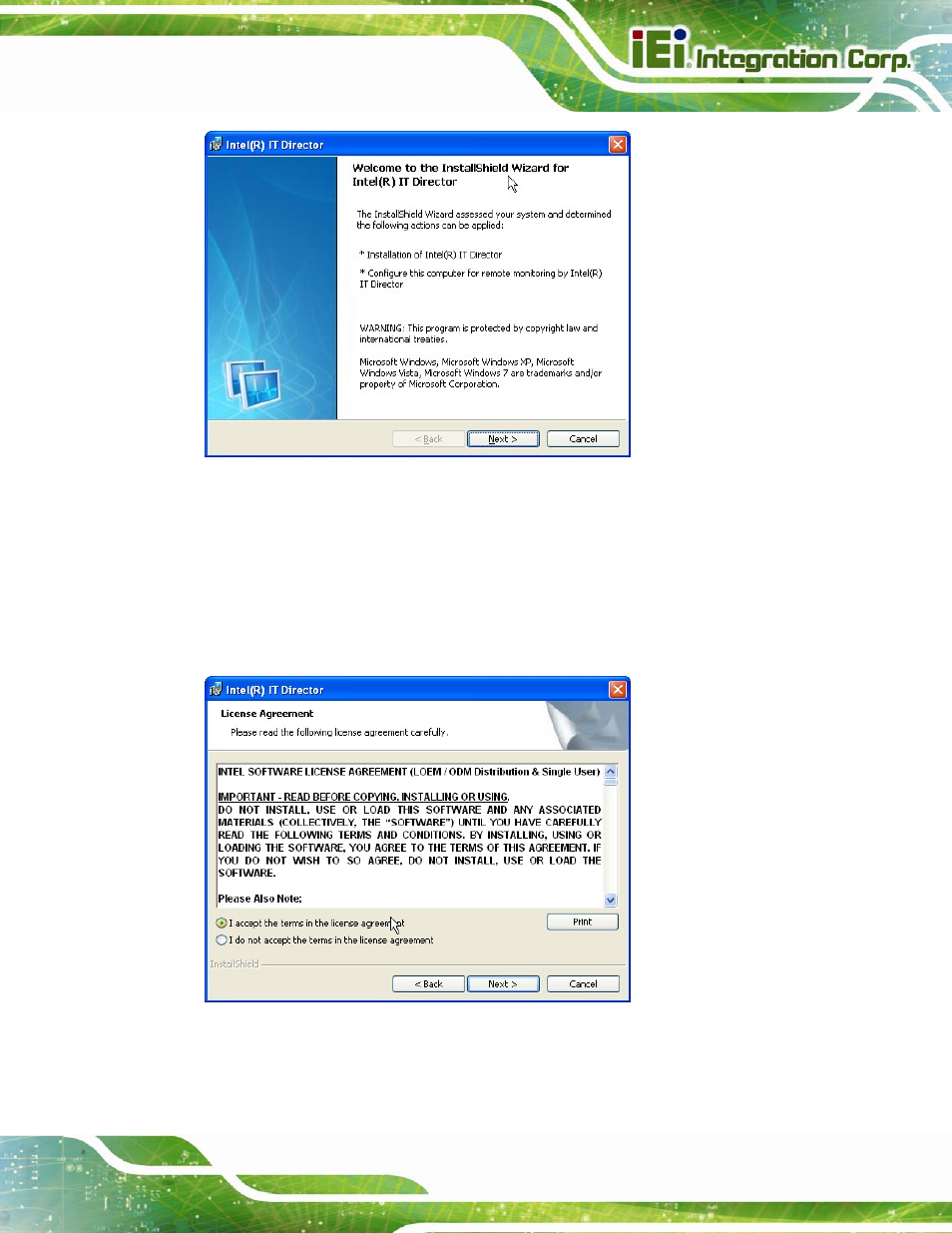 Figure 6-28: it director welcome screen, Figure 6-29: it director license agreement | IEI Integration PCIE-Q670 v1.03 User Manual | Page 138 / 206