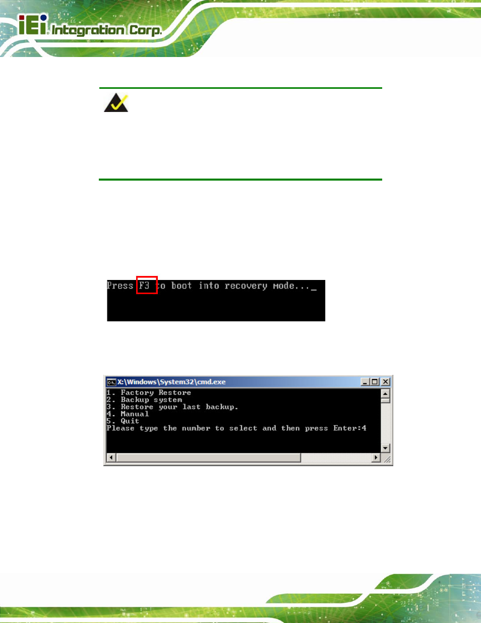 B.2.5 create factory default image, Figure b-10: press f3 to boot into recovery mode, Figure b-11: recovery tool menu | IEI Integration PCIE-Q670 v1.03 User Manual | Page 159 / 206