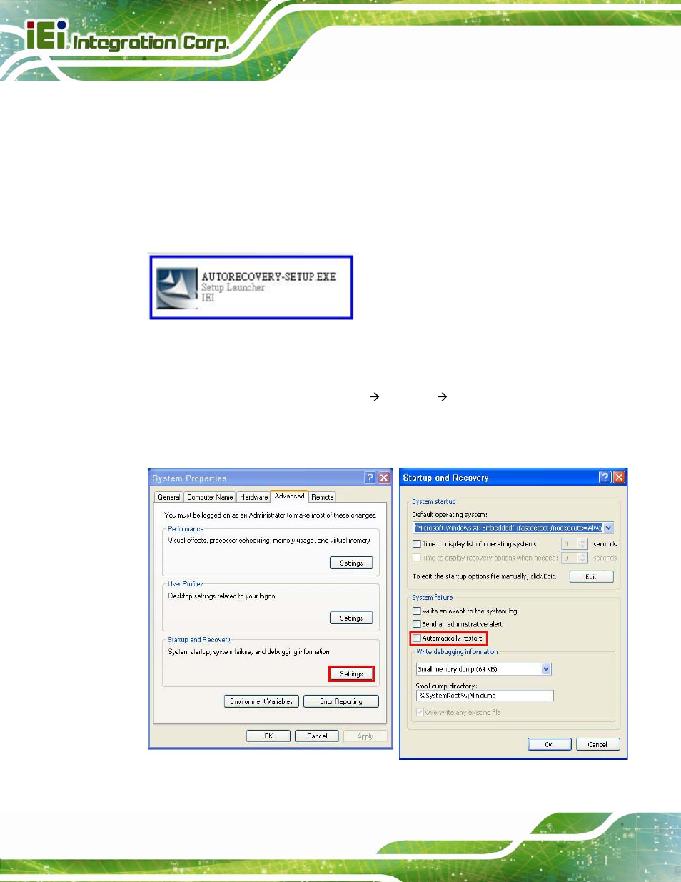 Figure b-22: auto recovery utility, Figure b-23: disable automatically restart | IEI Integration PCIE-Q670 v1.03 User Manual | Page 165 / 206