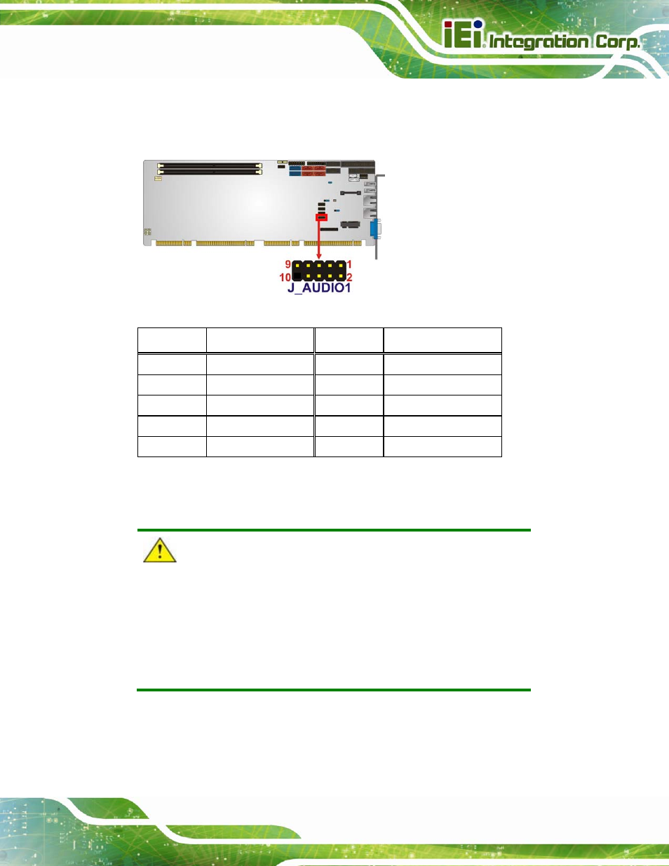 3 battery connector, Figure 3-3: audio connector location, Table 3-4: audio connector pinouts | IEI Integration PCIE-Q670 v1.03 User Manual | Page 36 / 206