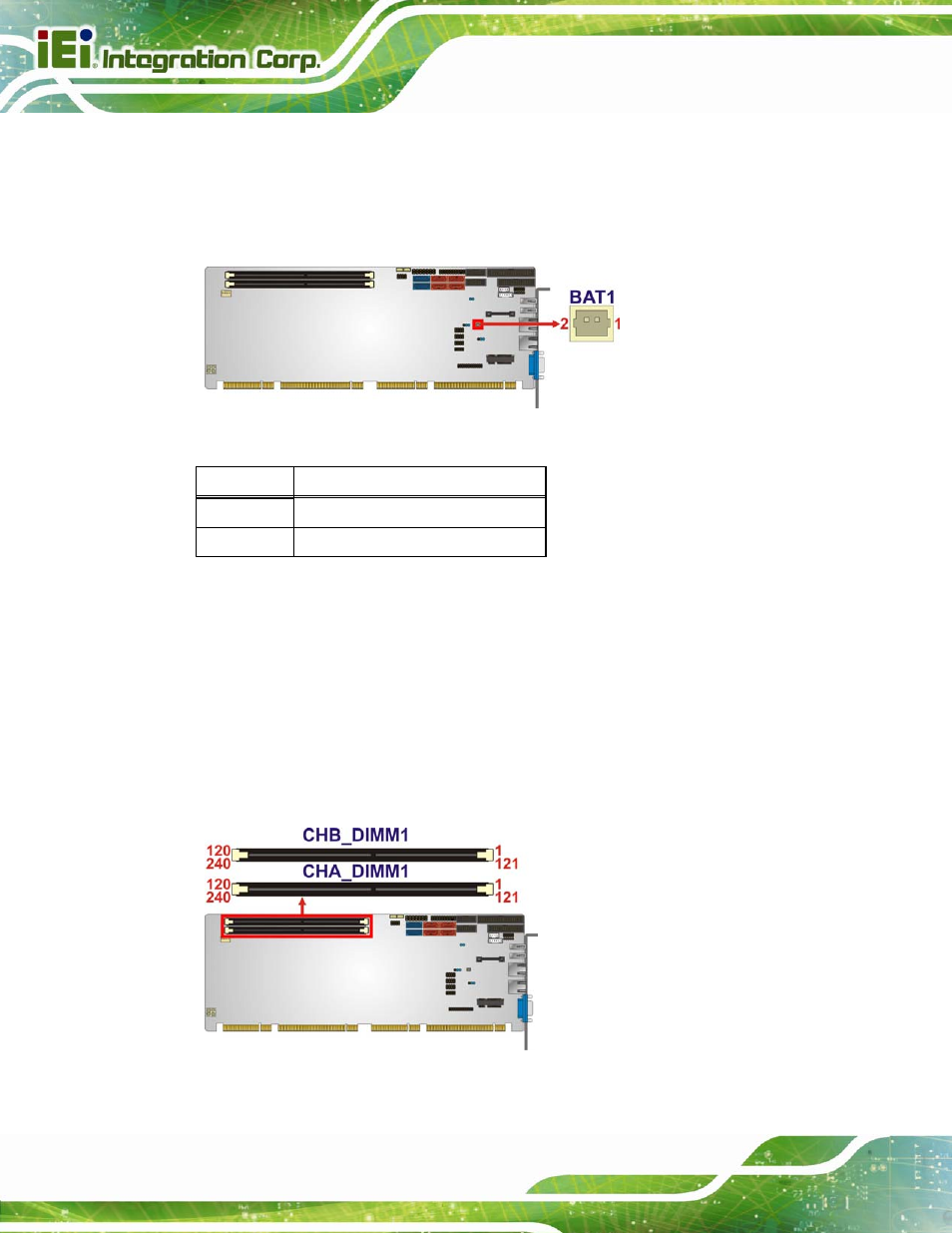 4 ddr3 dimm slots, Figure 3-4: battery connector location, Figure 3-5: ddr3 dimm slot locations | Table 3-5: battery connector pinouts | IEI Integration PCIE-Q670 v1.03 User Manual | Page 37 / 206