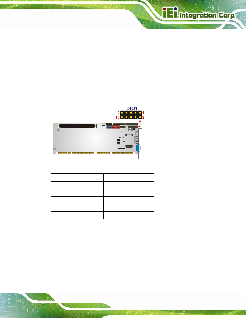 5 digital i/o connector, 6 dvi-d connector (dvi model only), Figure 3-6: digital i/o connector location | Table 3-6: digital i/o connector pinouts | IEI Integration PCIE-Q670 v1.03 User Manual | Page 38 / 206