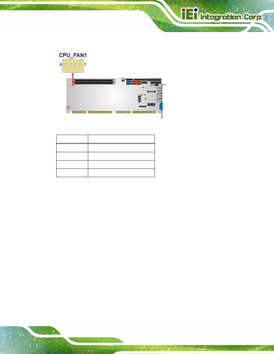 8 floppy disk drive connector, Figure 3-8: cpu fan connector location, Table 3-8: cpu fan connector pinouts | IEI Integration PCIE-Q670 v1.03 User Manual | Page 40 / 206