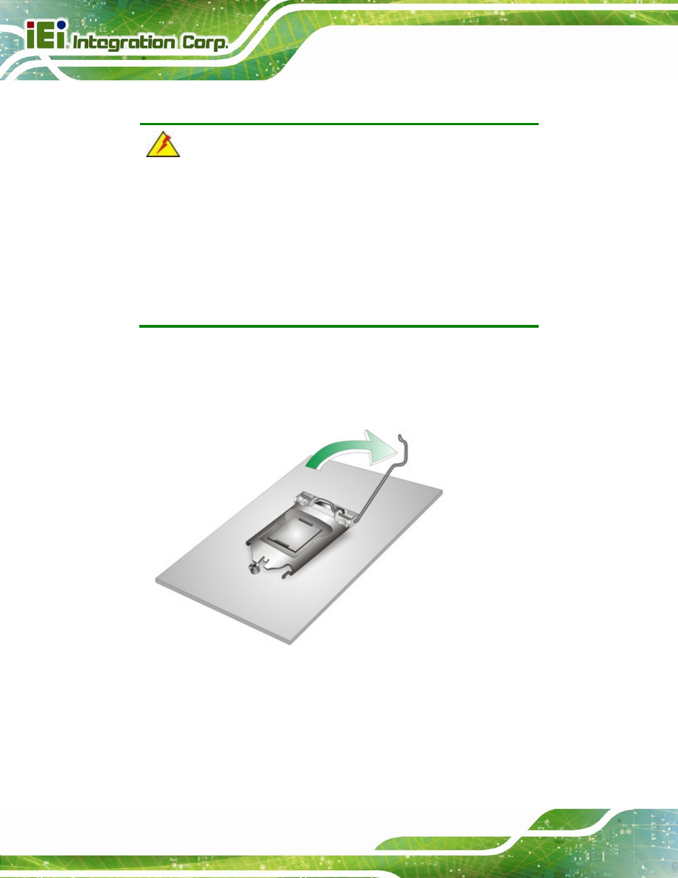 1 socket lga1155 cpu installation, Figure 4-1: disengage the cpu socket load lever | IEI Integration PCIE-Q670 v1.03 User Manual | Page 61 / 206