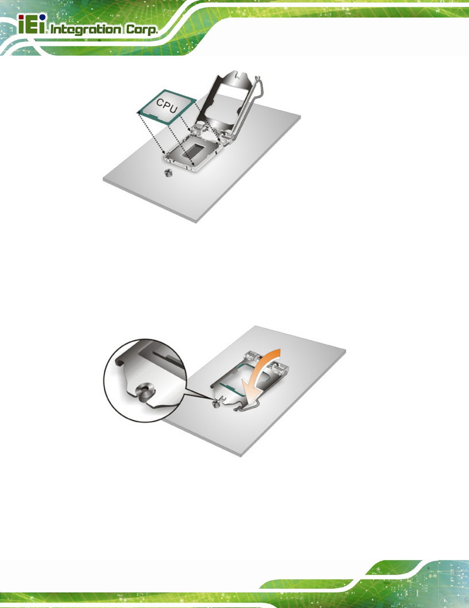 Figure 4-3: insert the socket lga1155 cpu, Figure 4-4: close the socket lga1155 | IEI Integration PCIE-Q670 v1.03 User Manual | Page 63 / 206